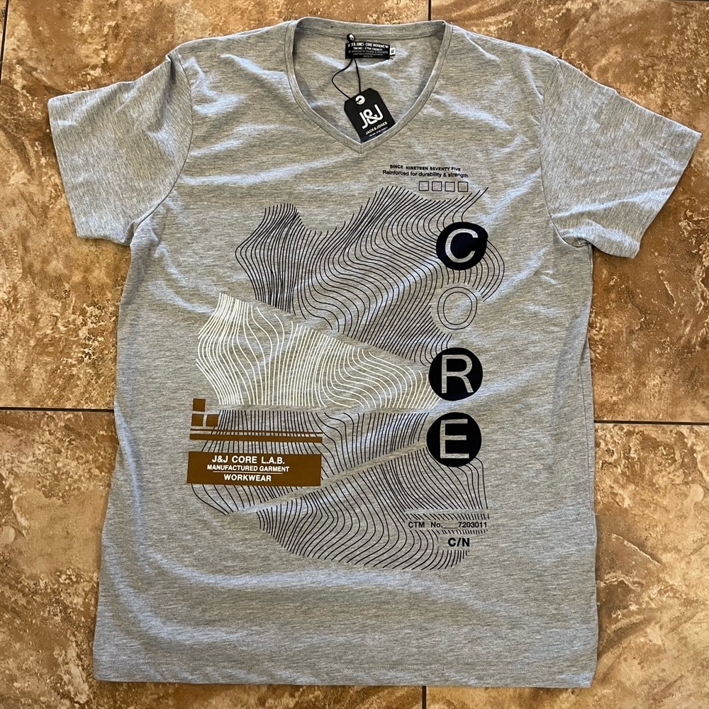🆕 JACK & JONES Core Heather Grey Graphic V-Neck Tee L